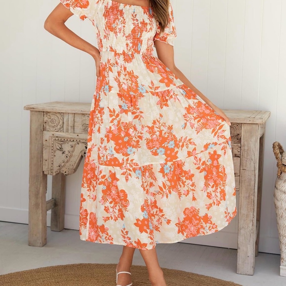 Floral Orange and Cream Maxi Dress